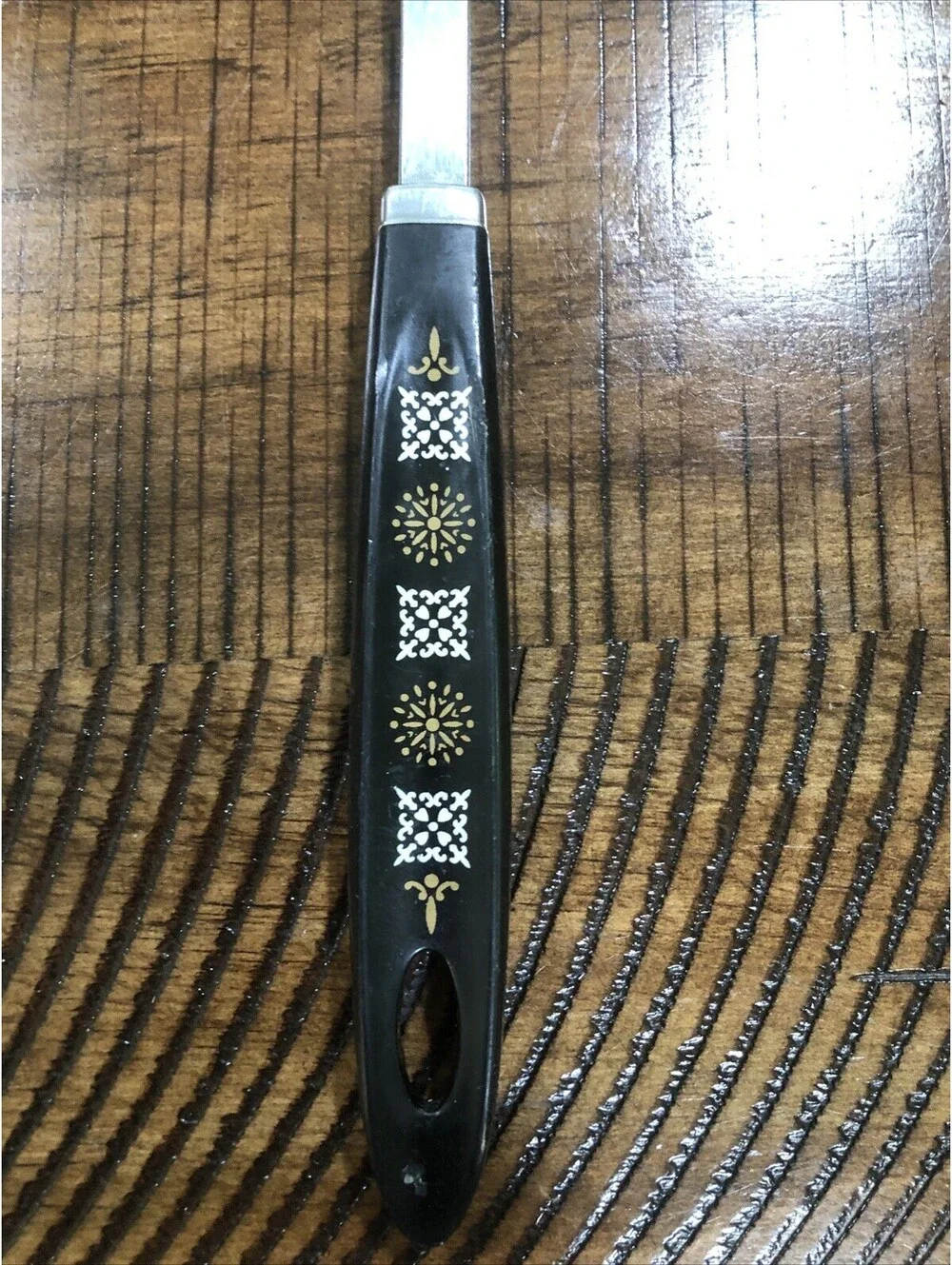 Vintage Androck Slotted Spoon Mid Century Modern Starburst Black Gold Handle USA